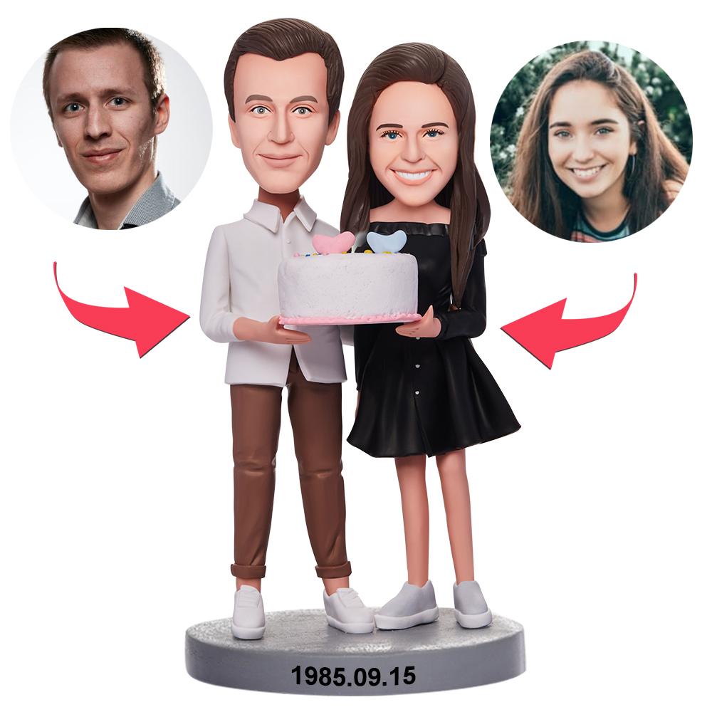 Custom Couple Holding Birthday Cake Bobbleheads