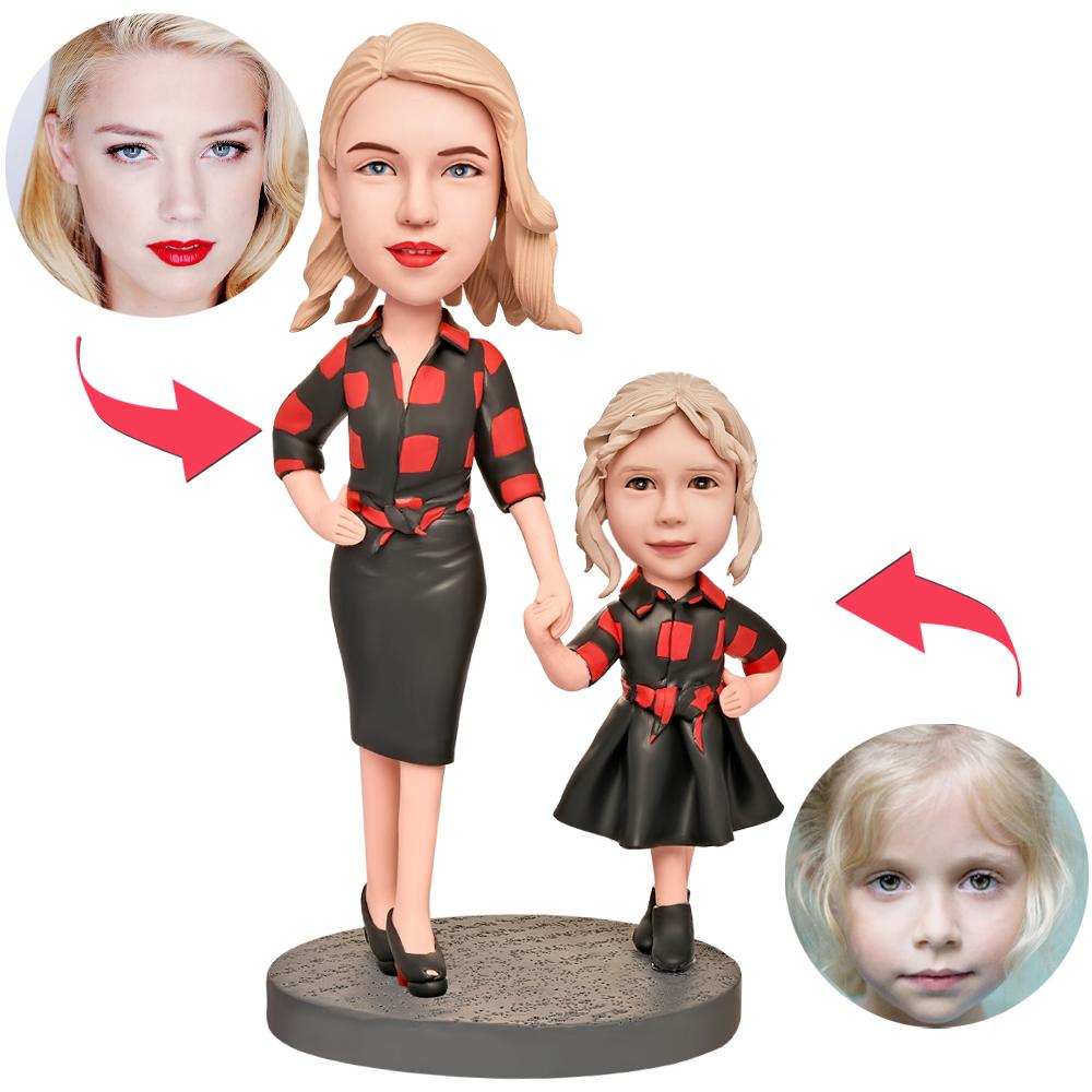 Mother and daughter in Plaid Custom Bobblehead with Engraved Text