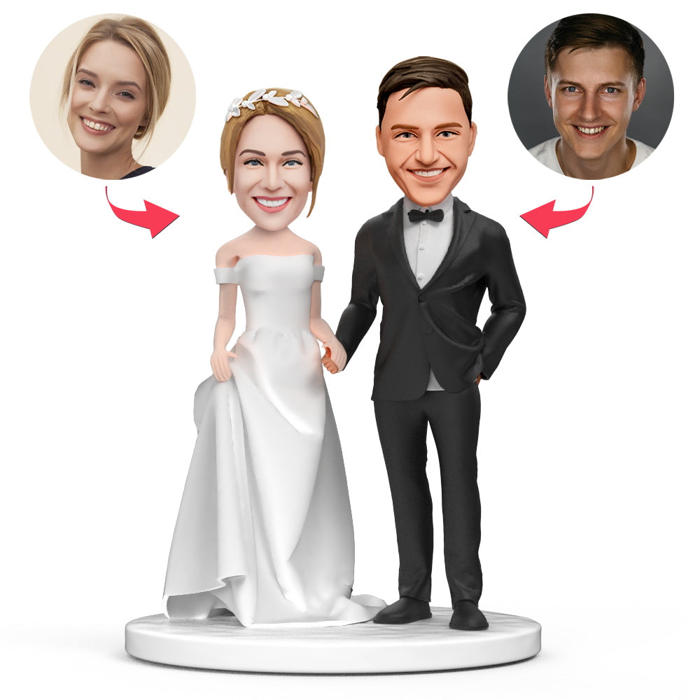 Couple Wedding White Wedding Dress Black Suit Custom Bobblehead Engraved with Text