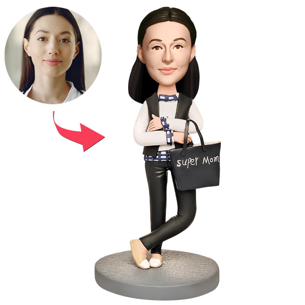 Mom in a Black Jacket Custom Bobblehead with Engraved Text