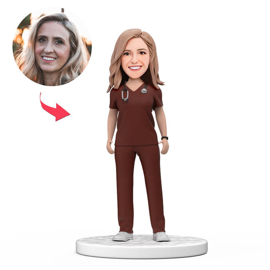 Custom Female Doctor Bobblehead in Red Scrubs with Engraved Text National Doctor's Day Gift