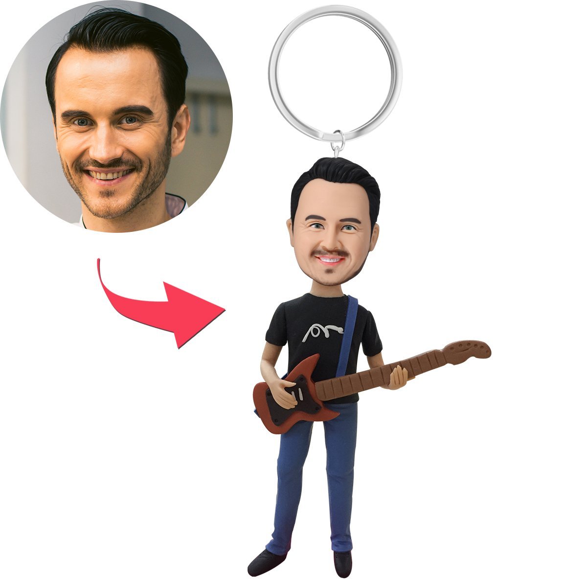 Guitar Player Custom Bobblehead With Engraved Text Key Chain